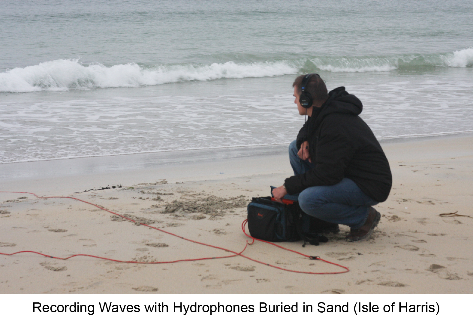 Photo of recording waves with hydrophones buried in sand (Isle of Harris)